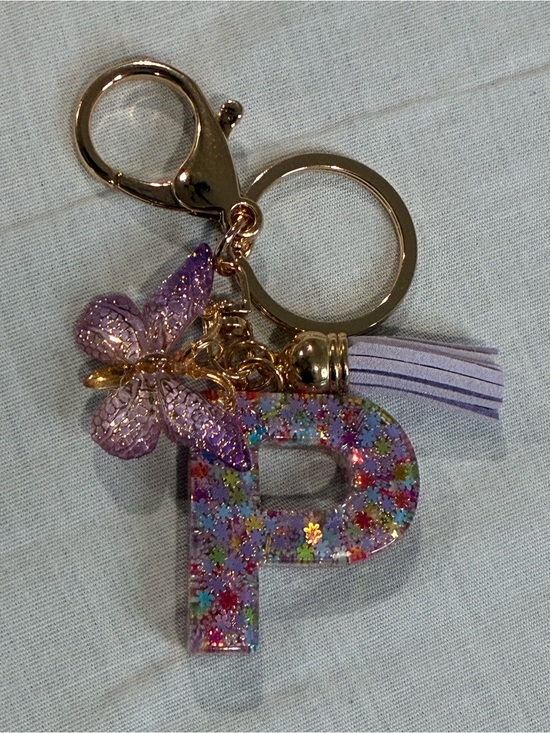 Accessories - Purple Glitter Floral Initial 'P' Keychain with Butterfly and Tassel